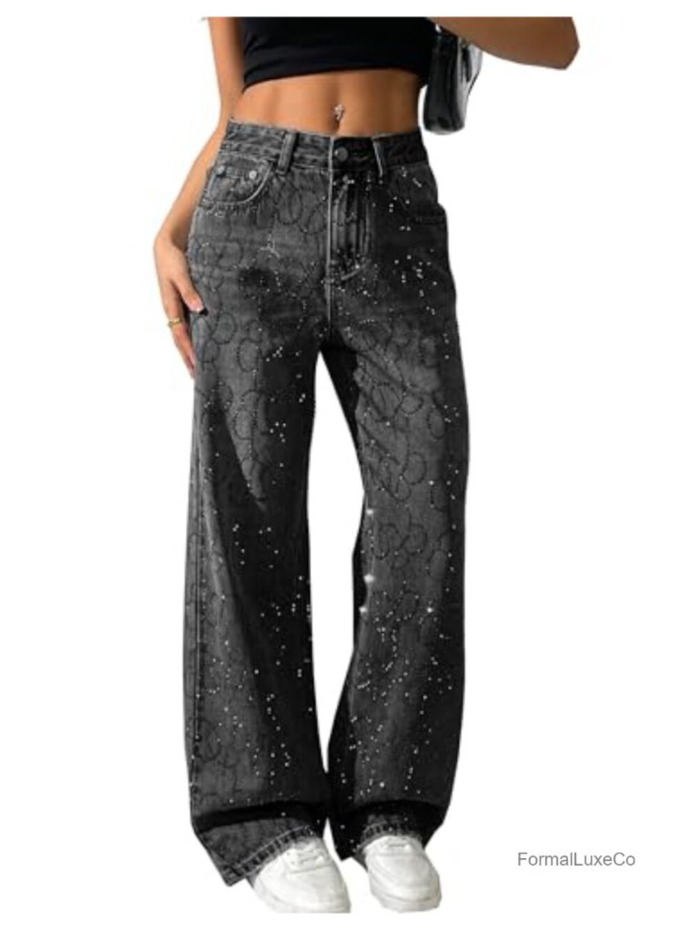 Wide Leg Baggy Rhinestone Sequin Jeans High Waist Sparkle Party Denim Pants